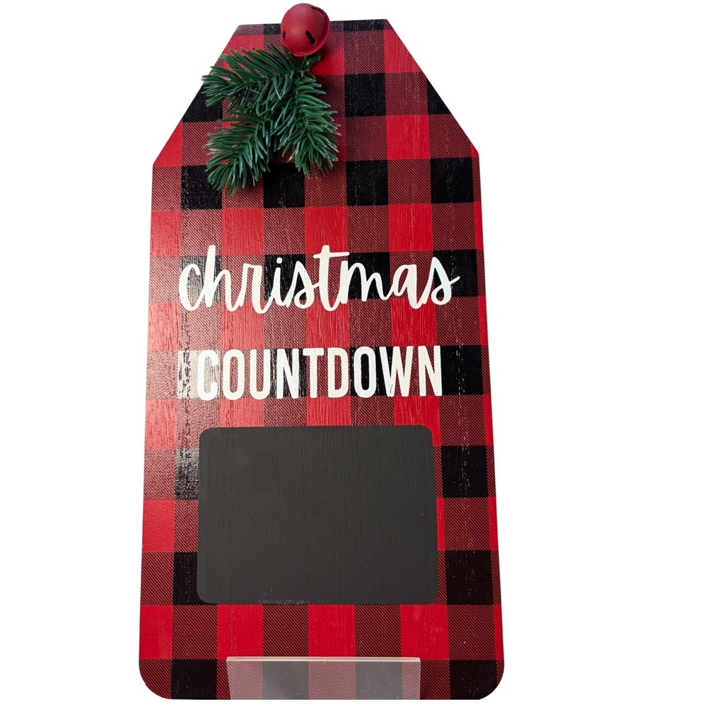 Christmas Countdown Wooden Hanging Sign Red Black Buffalo Plaid Chalkboard Decor